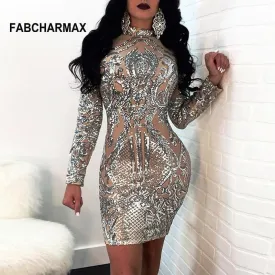 Silver Sequin  Bodycon Sleeve Sheath High Neck  With Glitter Party Evening Mini Dress
