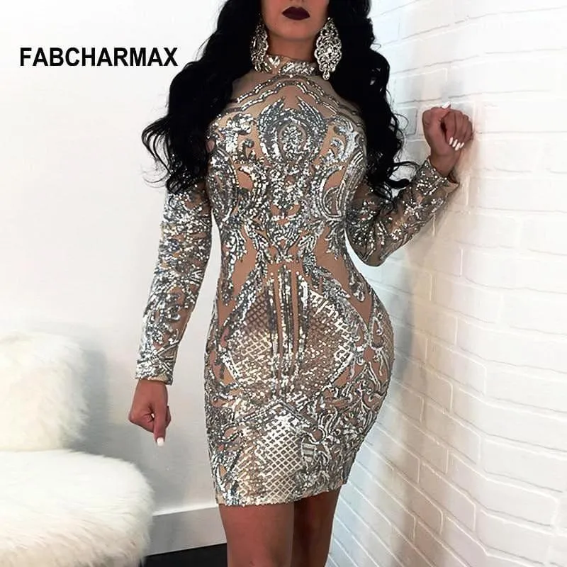 Silver Sequin  Bodycon Sleeve Sheath High Neck  With Glitter Party Evening Mini Dress