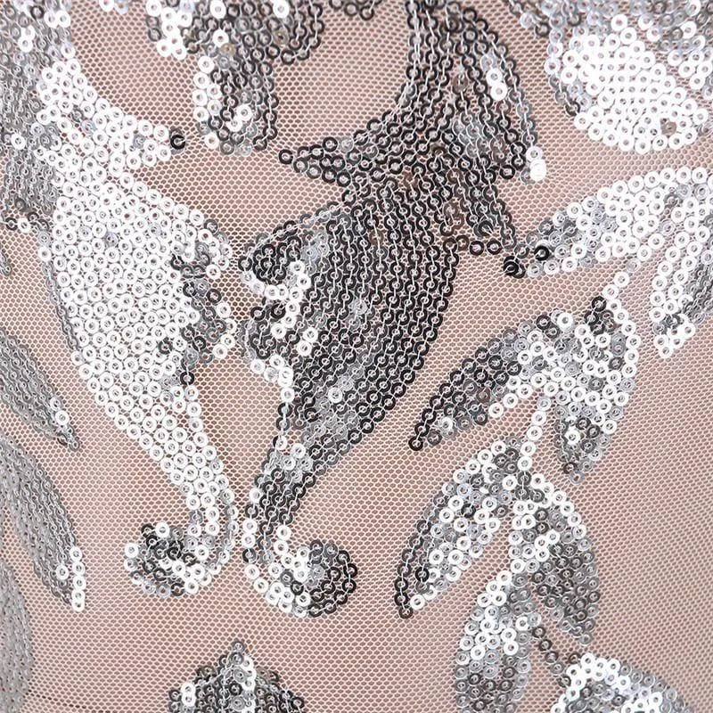 Silver Sequin  Bodycon Sleeve Sheath High Neck  With Glitter Party Evening Mini Dress