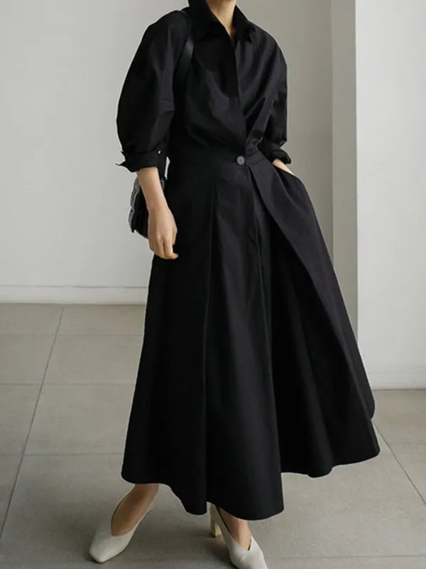 Solid Color Lapel Long Sleeves Casual Midi Shirt Dress