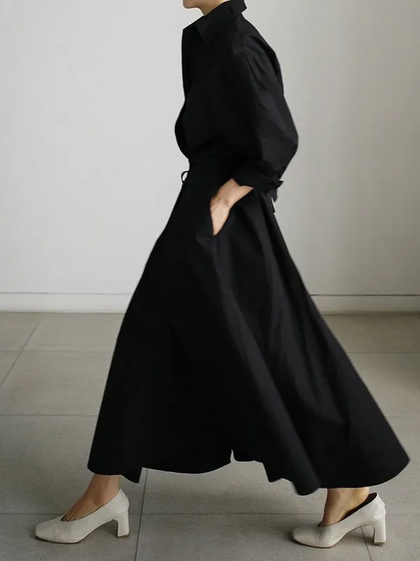 Solid Color Lapel Long Sleeves Casual Midi Shirt Dress