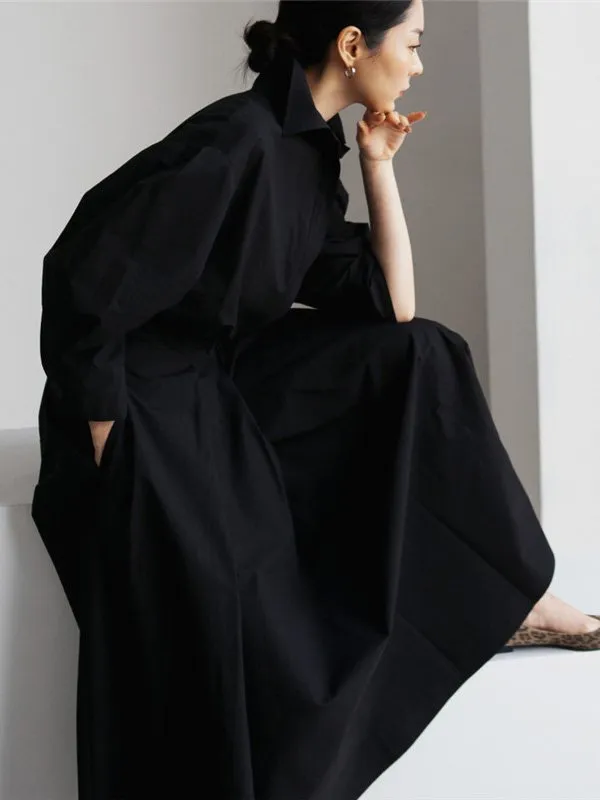 Solid Color Lapel Long Sleeves Casual Midi Shirt Dress