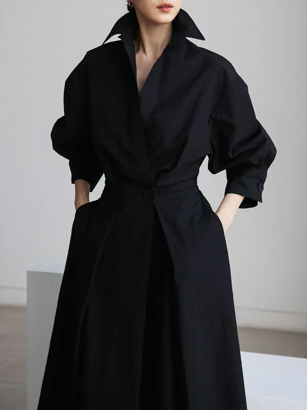 Solid Color Lapel Long Sleeves Casual Midi Shirt Dress