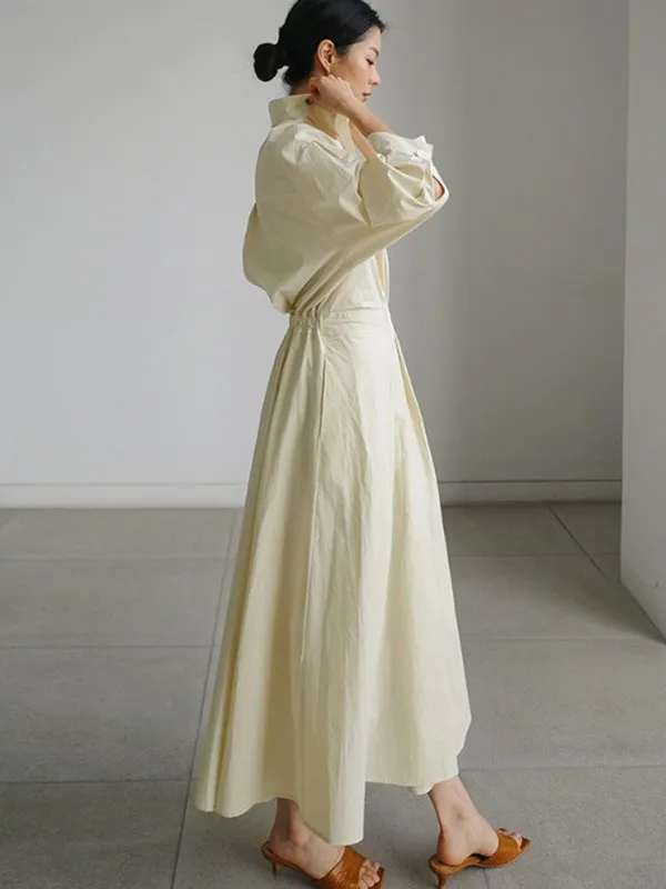 Solid Color Lapel Long Sleeves Casual Midi Shirt Dress