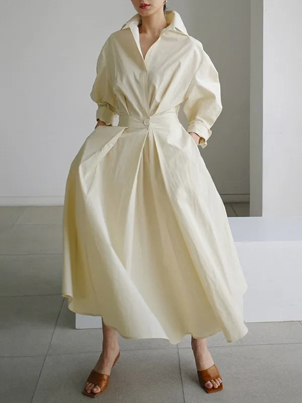 Solid Color Lapel Long Sleeves Casual Midi Shirt Dress
