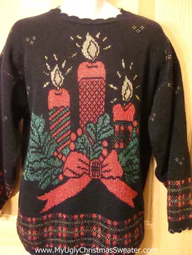Ugly Christmas Sweater 80s Candles Plaid Trim