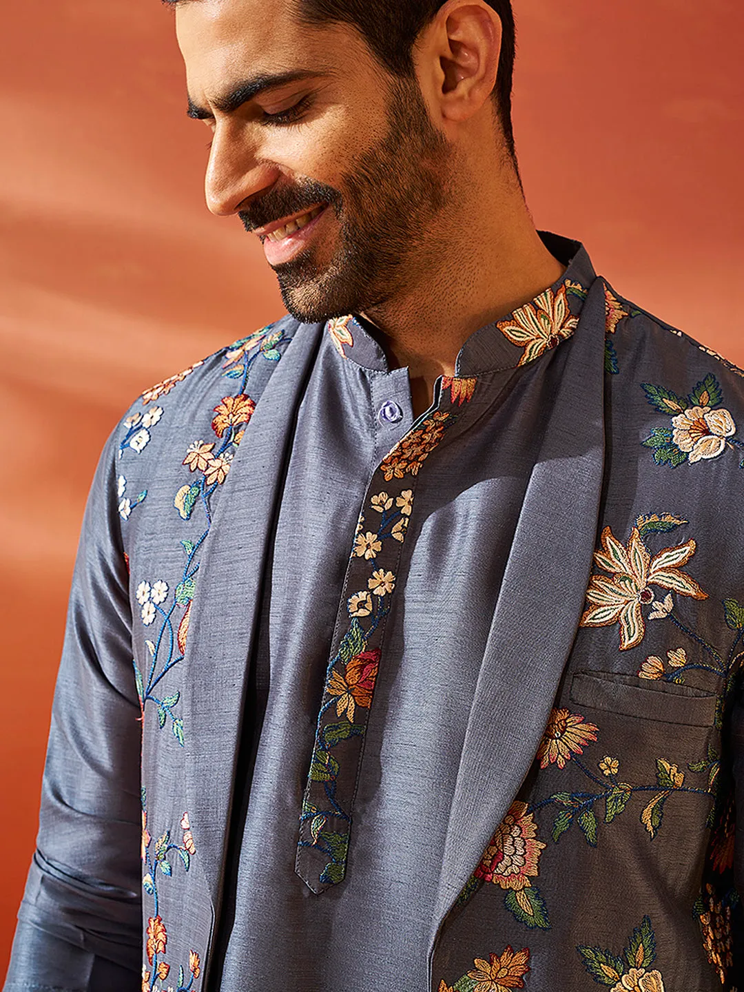 VASTRAMAY Men’s Grey Nehru Jacket