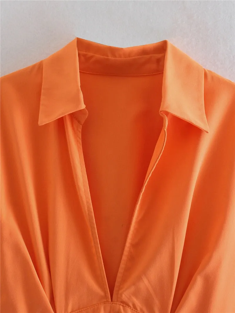 VenusFox Casual Woman Orange Shirt Dress 2021 Spring Lacing V Neck Beach Short Dresses Girls Y2K High Waisted Dresses