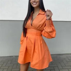 VenusFox Casual Woman Orange Shirt Dress 2021 Spring Lacing V Neck Beach Short Dresses Girls Y2K High Waisted Dresses