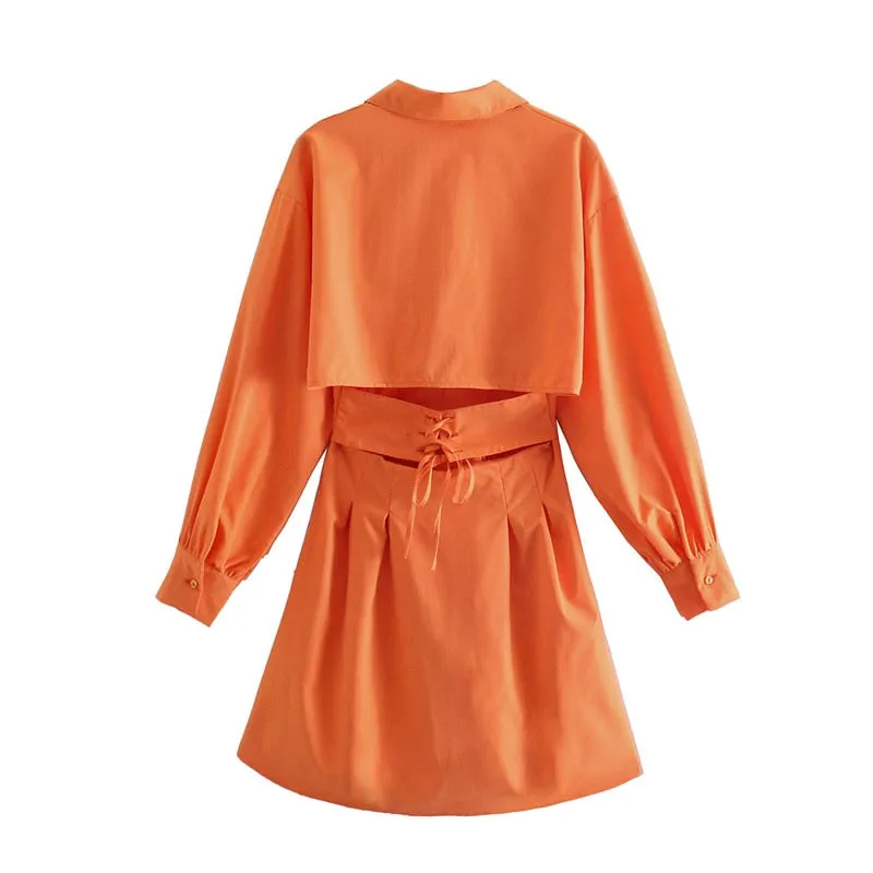 VenusFox Casual Woman Orange Shirt Dress 2021 Spring Lacing V Neck Beach Short Dresses Girls Y2K High Waisted Dresses