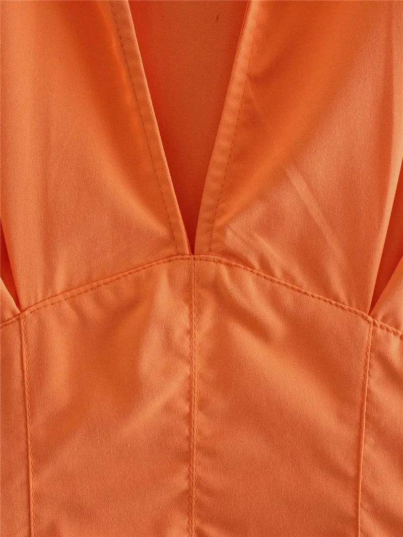 VenusFox Casual Woman Orange Shirt Dress 2021 Spring Lacing V Neck Beach Short Dresses Girls Y2K High Waisted Dresses