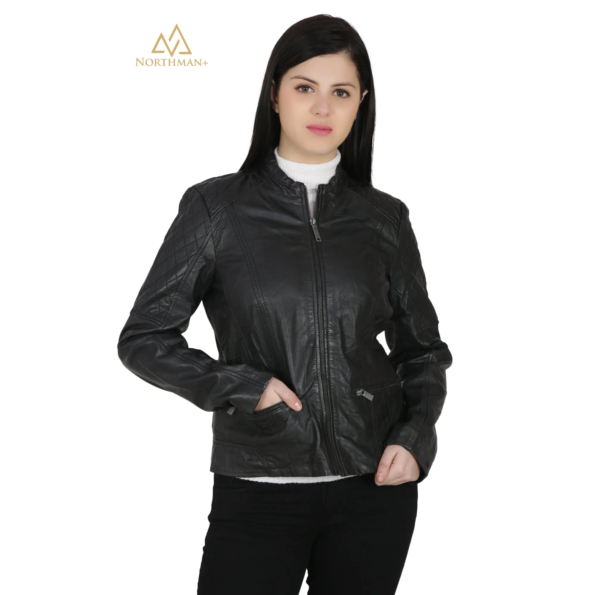 Women's Slim Fit Leather Jacket : Biker with Quilted Shoulder