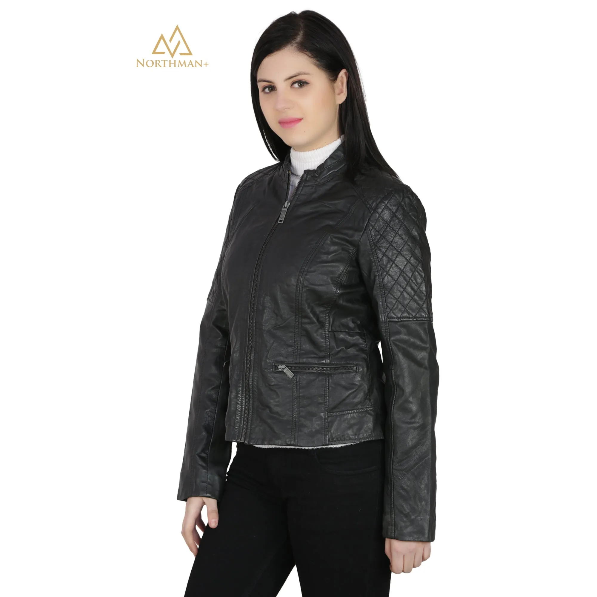 Women's Slim Fit Leather Jacket : Biker with Quilted Shoulder