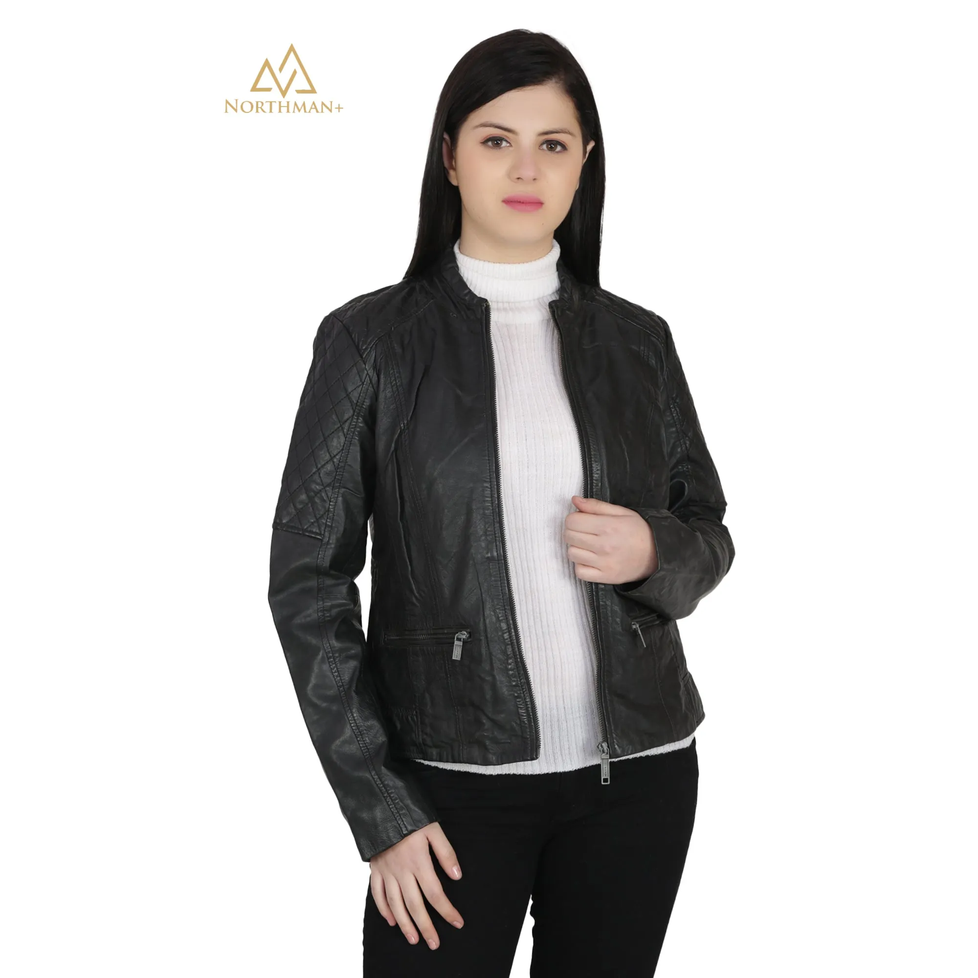 Women's Slim Fit Leather Jacket : Biker with Quilted Shoulder