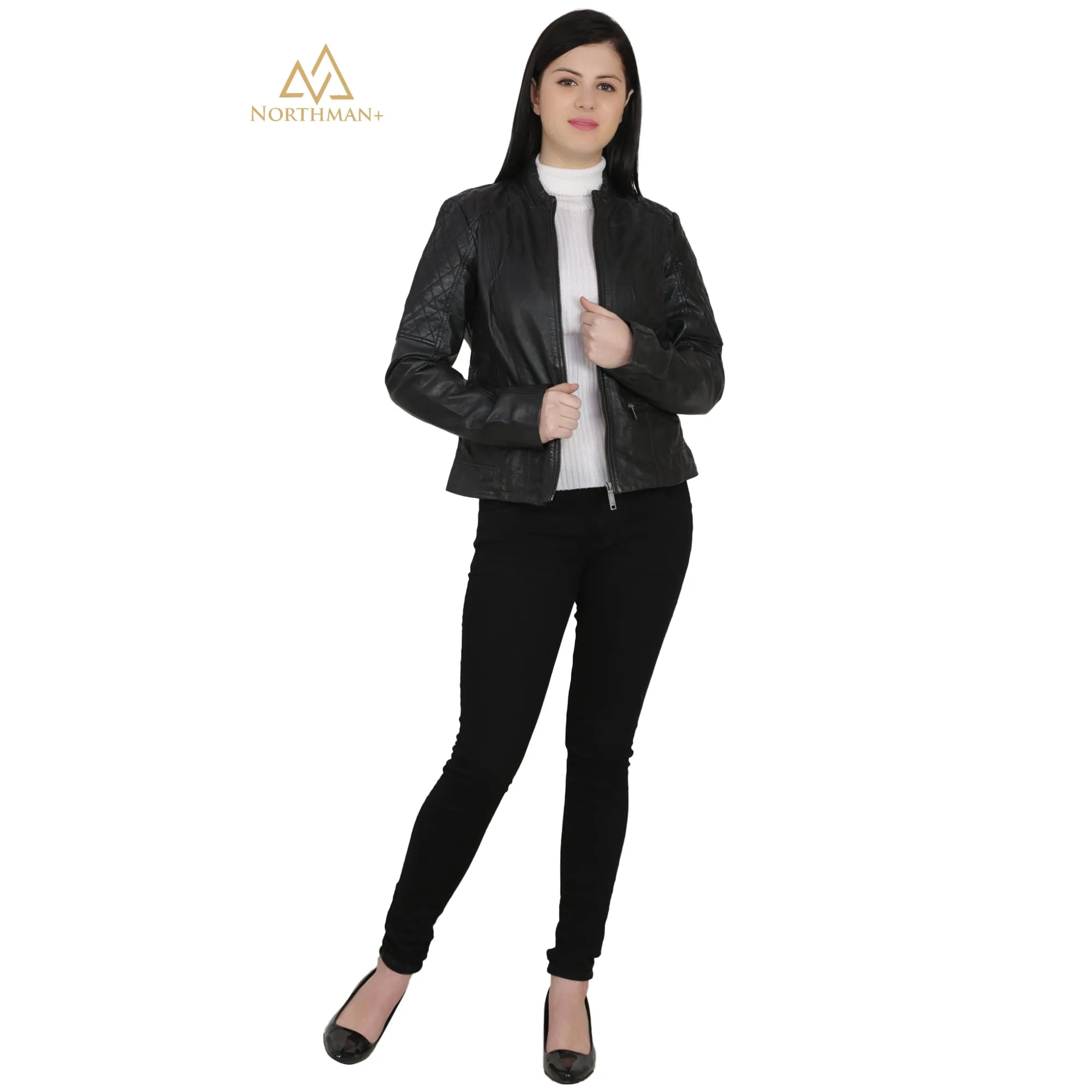 Women's Slim Fit Leather Jacket : Biker with Quilted Shoulder