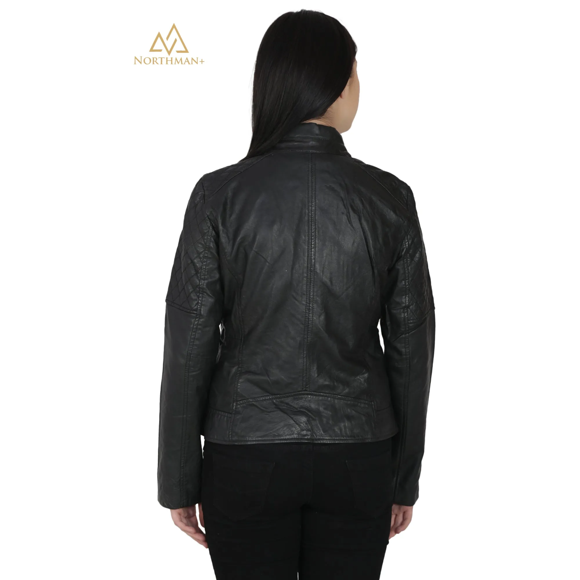 Women's Slim Fit Leather Jacket : Biker with Quilted Shoulder