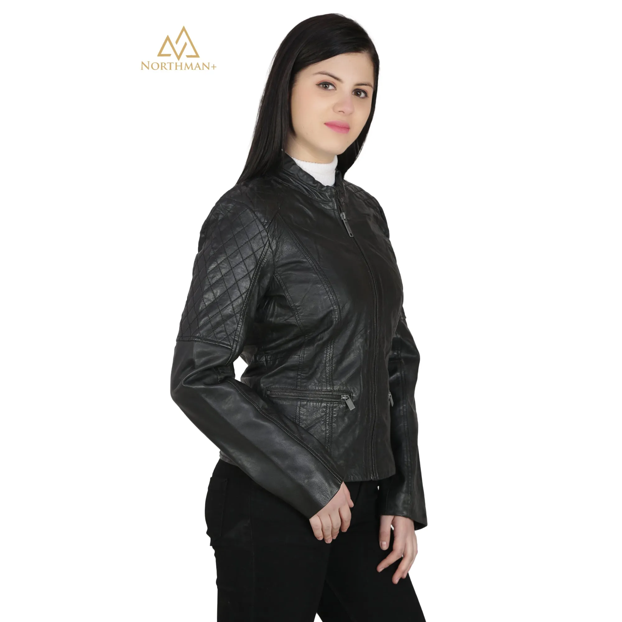 Women's Slim Fit Leather Jacket : Biker with Quilted Shoulder