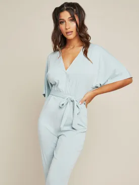 Wrap Style V Neck Straight Leg Jumpsuit with Short Sleeves FD