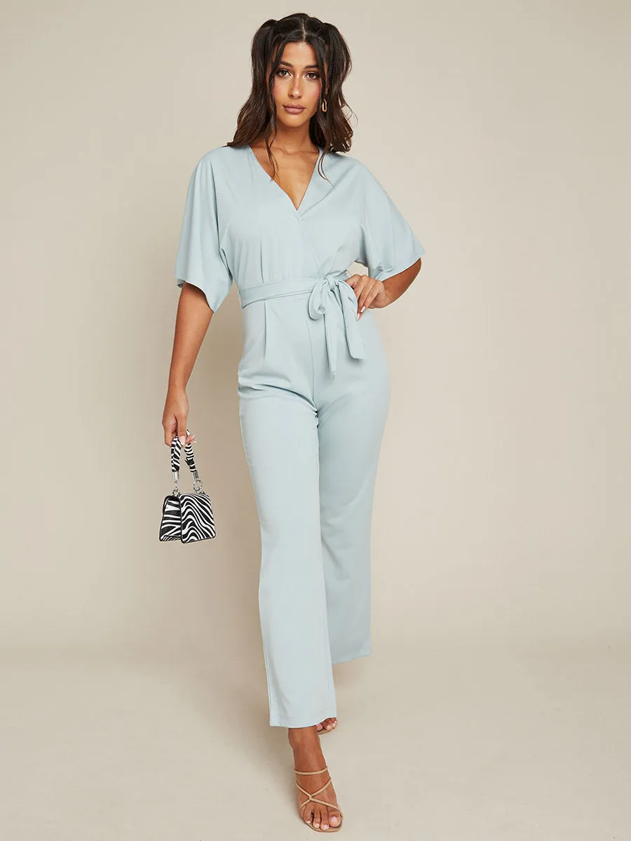 Wrap Style V Neck Straight Leg Jumpsuit with Short Sleeves FD