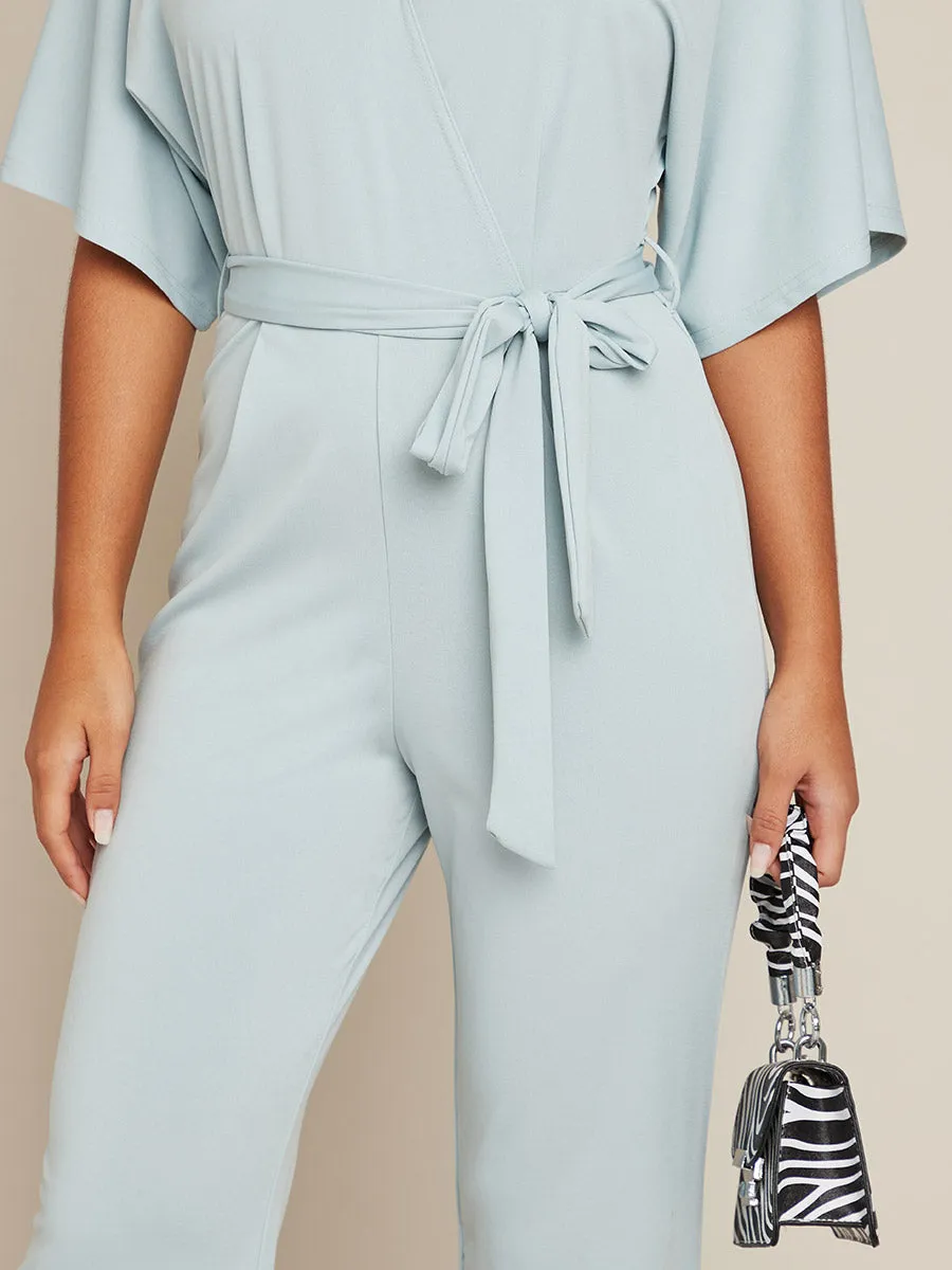 Wrap Style V Neck Straight Leg Jumpsuit with Short Sleeves FD