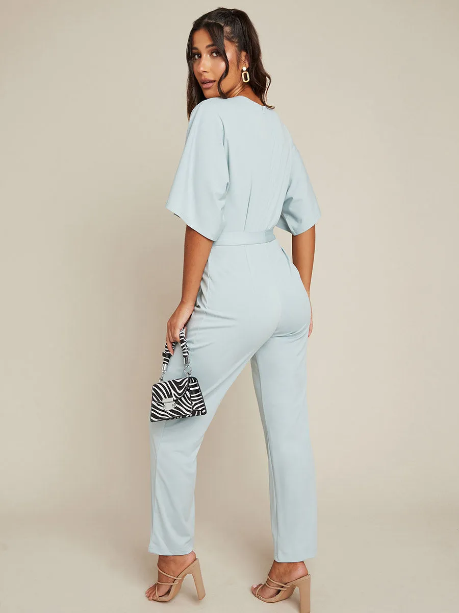 Wrap Style V Neck Straight Leg Jumpsuit with Short Sleeves FD
